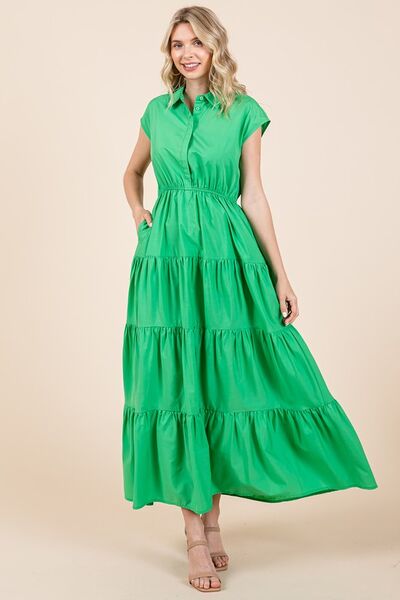 Mittoshop Button Up Collared Tiered Maxi Shirt Dress