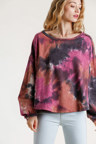 Umgee Full Size Tie Dye Round Neck Long Balloon Sleeve Top Plus Size