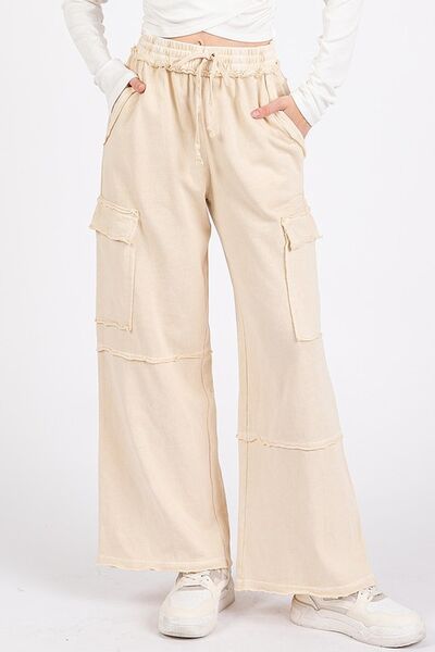 Mittoshop Mineral Wash Elastic Waist Cargo Wide Leg Pants