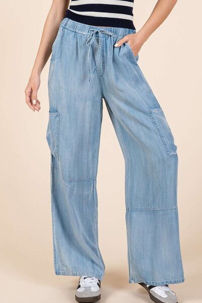 Mittoshop Washed Elastic Waist Cargo Wide Leg Pants