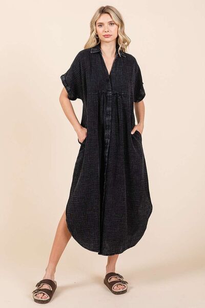 Mittoshop Mineral Wash V Neck Button Up Midi Shirt Dress