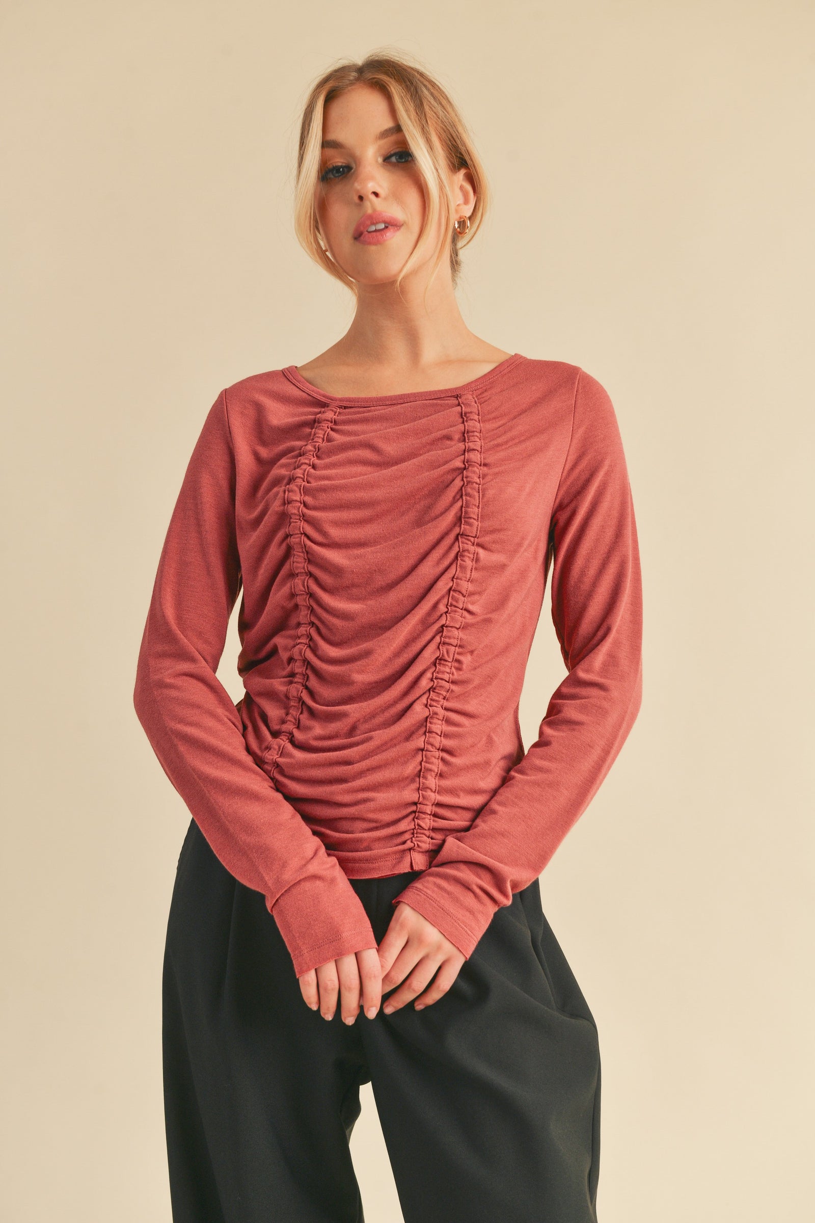 Aemi+Co Ruched Front Round Neck Long Sleeve T-Shirt