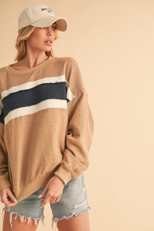 Aemi + Co Raw Hem Contrast Striped Dolman Sleeve Sweatshirt