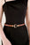 Toggle Buckle Skinny PU Belt with zinc alloy buckle worn on black dress.