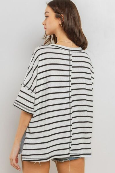 Ces Femme Side Slit Striped Round Neck Half Sleeve T-Shirt