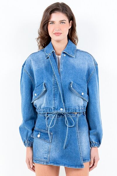 American Bazi Full Size Drop Shoulder Cropped Denim Jacket with Waist Strap Plus Size