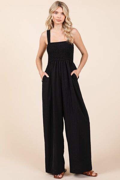 Mittoshop Smocked Wide Strap Wide Leg Overalls