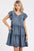 V-Neck Ruffled Cap Sleeve Mini Dress in blue with pockets and tiered detailing.