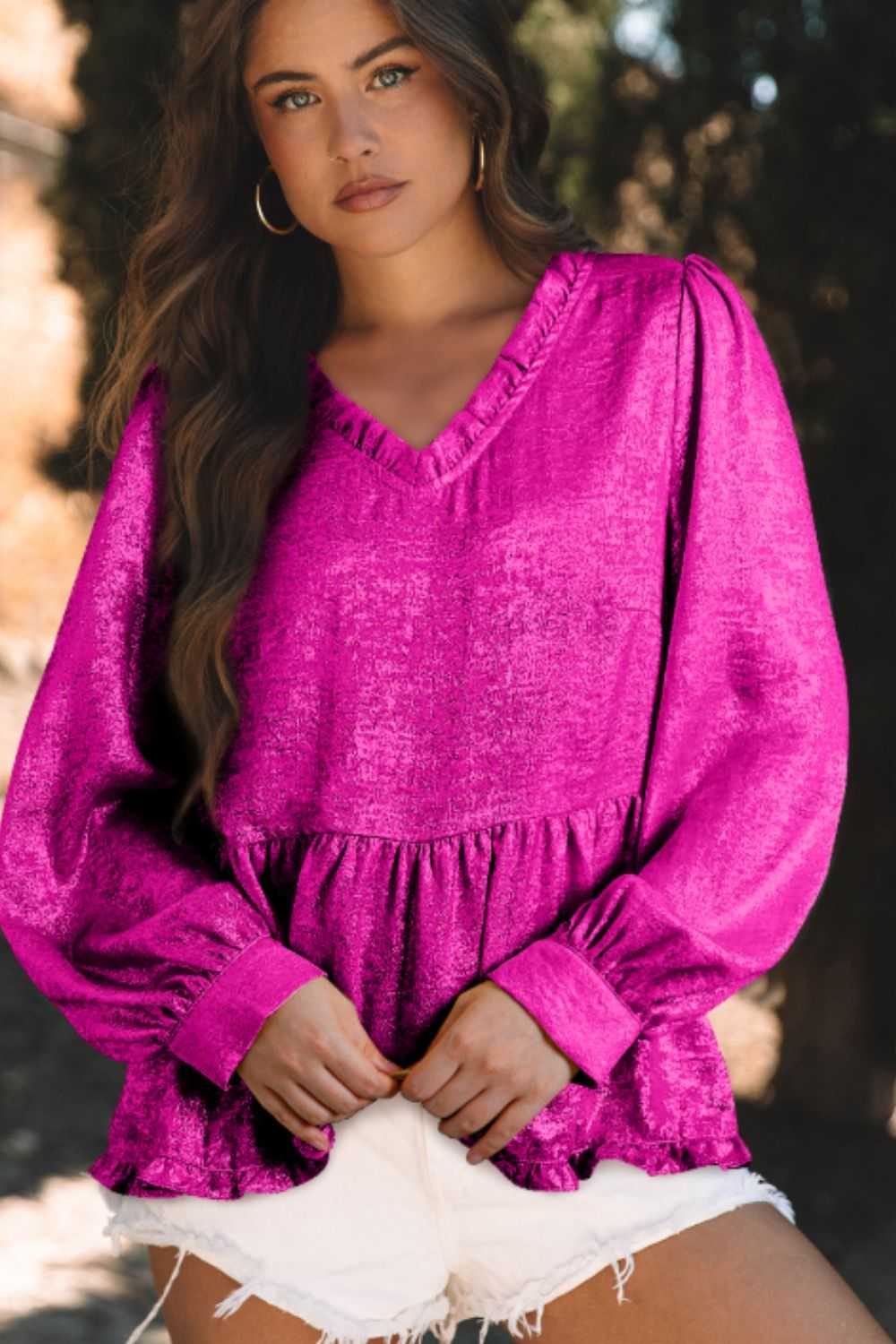 Frill V-Neck Long Sleeve Blouse