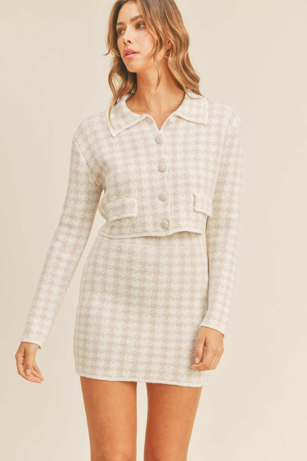 MABLE Houndstooth Cropped Knit Cardigan and Mini Skirt Set