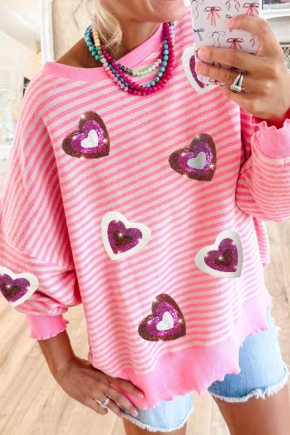 Valentine’s Day Sequin Heart Striped Round Neck Long Sleeve Sweatshirt