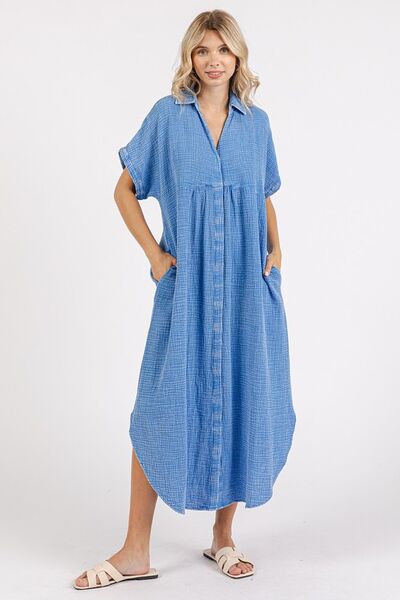 Mittoshop Mineral Wash V Neck Button Up Midi Shirt Dress