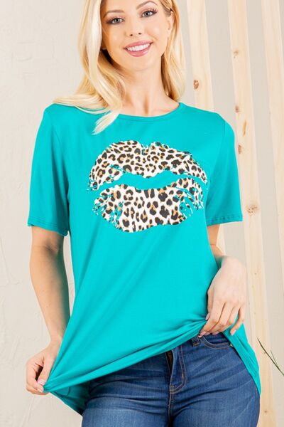 Heimish Full Size Leopard Lip Round Neck Short Sleeve T-Shirt Plus Size