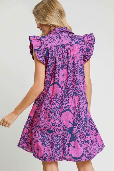 Umgee Full Size Printed Ruffle Cap Sleeve Babydoll Dress Plus Size