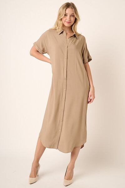 Mittoshop Collared Neck Dolman Short Sleeve Midi Shirt Dress