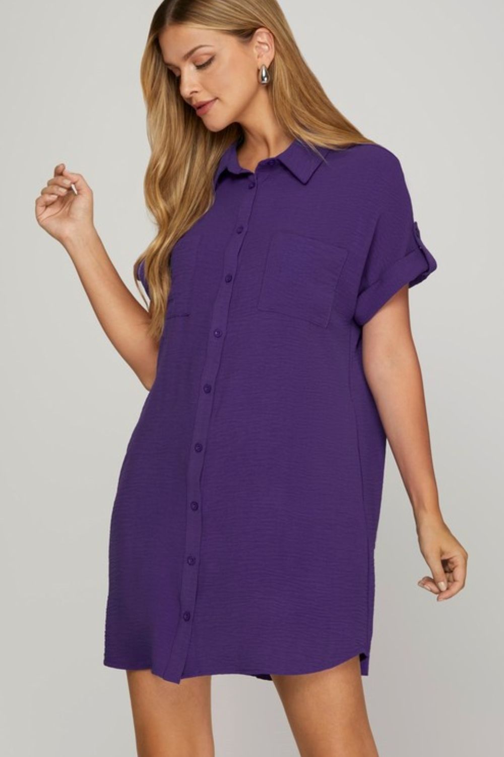 She + Sky Full Size Button Down Short Sleeve Woven Shirt Dress Plus Size