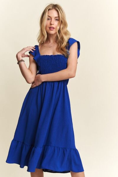 ADORA Smocked Square Neck Ruffled Cap Sleeve Dress