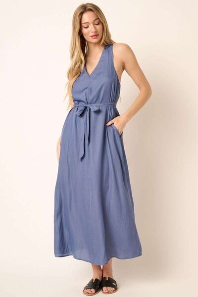 Mittoshop Cross Back Belted V Neck Tank Maxi Dress