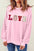 LOVE Patch Round Neck Dropped Shoulder Sweatshirt in pink, featuring an opaque design with no stretch, made of 70% polyester and 30% cotton.