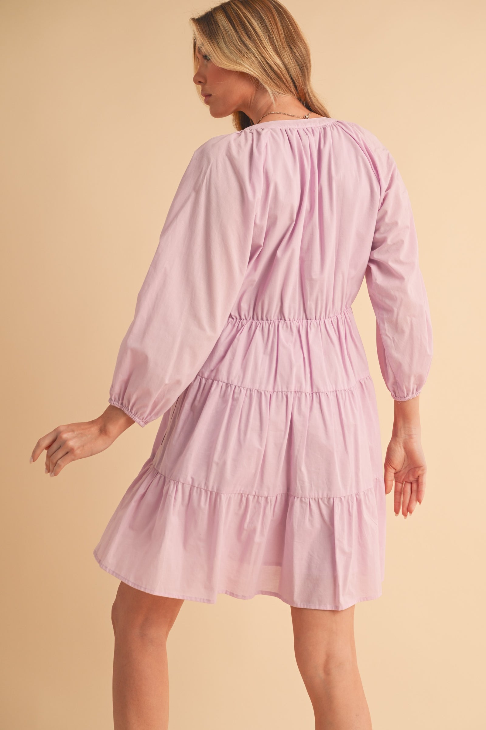 Aemi + Co Notched Balloon Sleeve Tiered Mini Dress