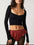 Scoop neck long sleeve cropped T-shirt, black, moderate stretch, polyester-cotton blend.