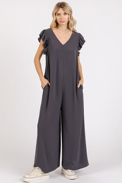 Mittoshop V-Neck Ruffled Cap Sleeve Wide Leg Jumpsuit