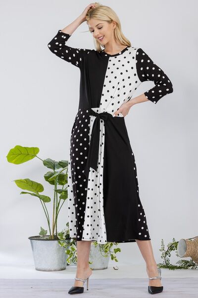 Celeste Full Size Polka Dot Front Tie Midi Dress Plus Size