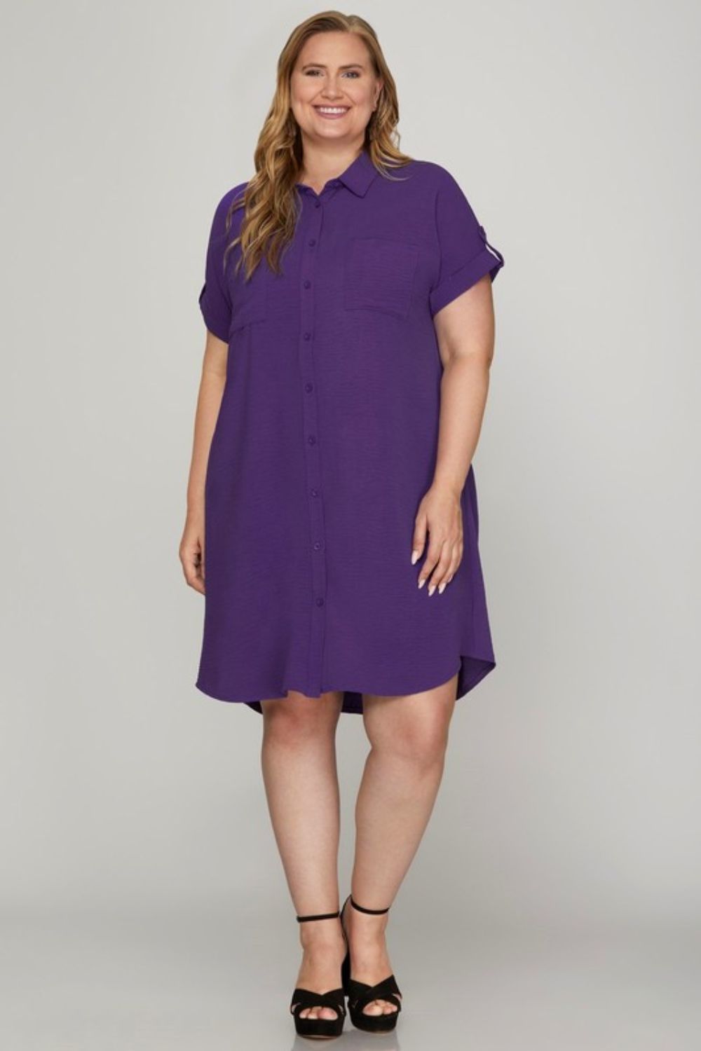 She + Sky Full Size Button Down Short Sleeve Woven Shirt Dress Plus Size