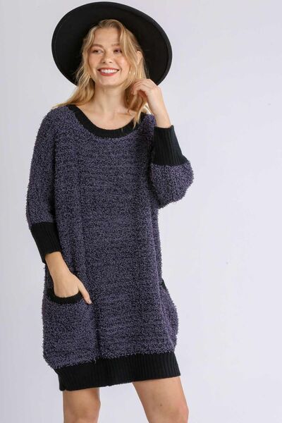 Umgee Full Size Ribbed Hem Round Neck 3/4 Sleeve Sweater Dress with Pockets Plus Size