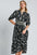 Umgee bow tie print notched contrast velvet trim midi dress, elegant and sophisticated style.