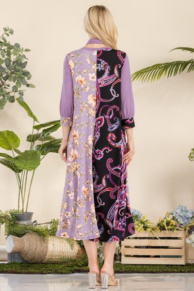 Celeste Full Size Paisley And Floral Contrast Tent Midi Dress Plus Size