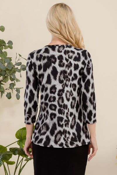 Celeste Full Size Leopard Round Neck Three-Quarter Sleeve T-Shirt