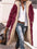 Full size zip up sherpa hooded coat in burgundy, open over casual outfit, stylish and warm.