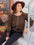 Plus size lace detail round neck long sleeve blouse in brown.