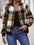 Plus size plaid baseball collar zip-up jacket in brown and black.