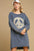 Umgee Peace Lace Applique Frayed Hem French Terry Mini Dress in denim blue with peace sign design.